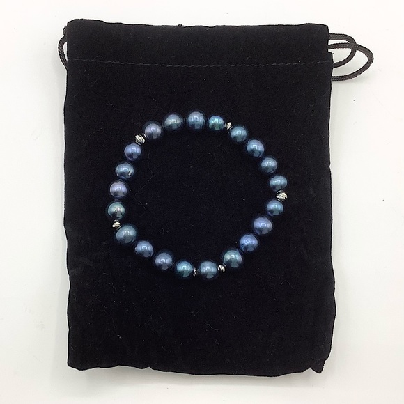 Cultured Freshwater Blue Pearl Stretch Bracelet Silver Separators, 6” - Picture 5 of 6